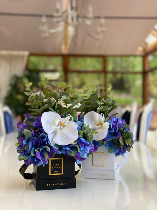 Eternity - Phalaenopsis Orchid, Blue Hydrangeas & Eucalyptus